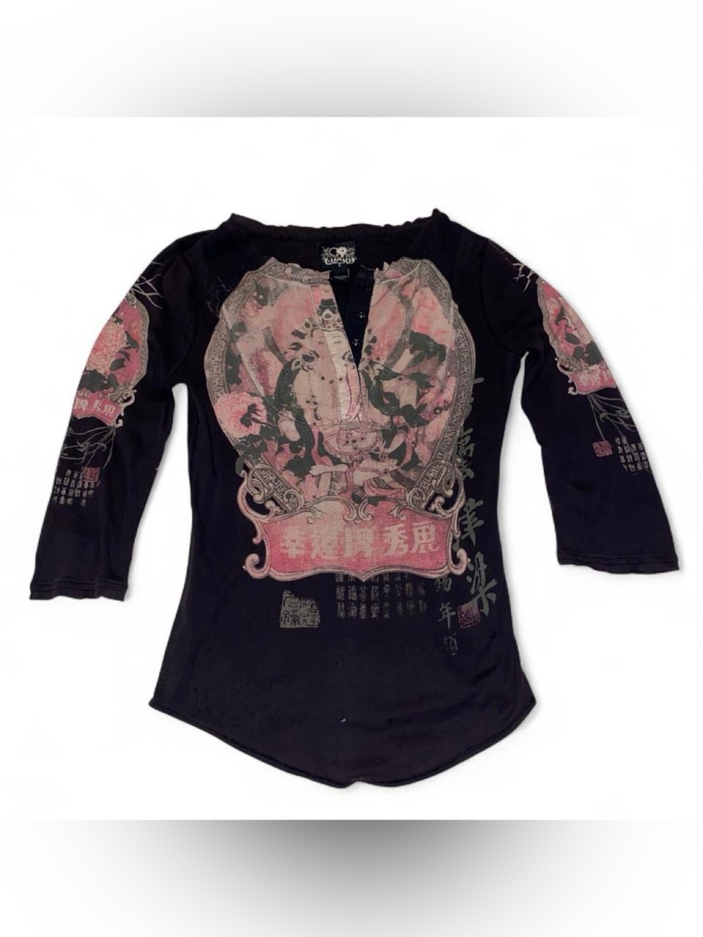 Vintage Y2K Lucky Brand Black 3/4-Sleeve Graphic Henley with Pink Accents